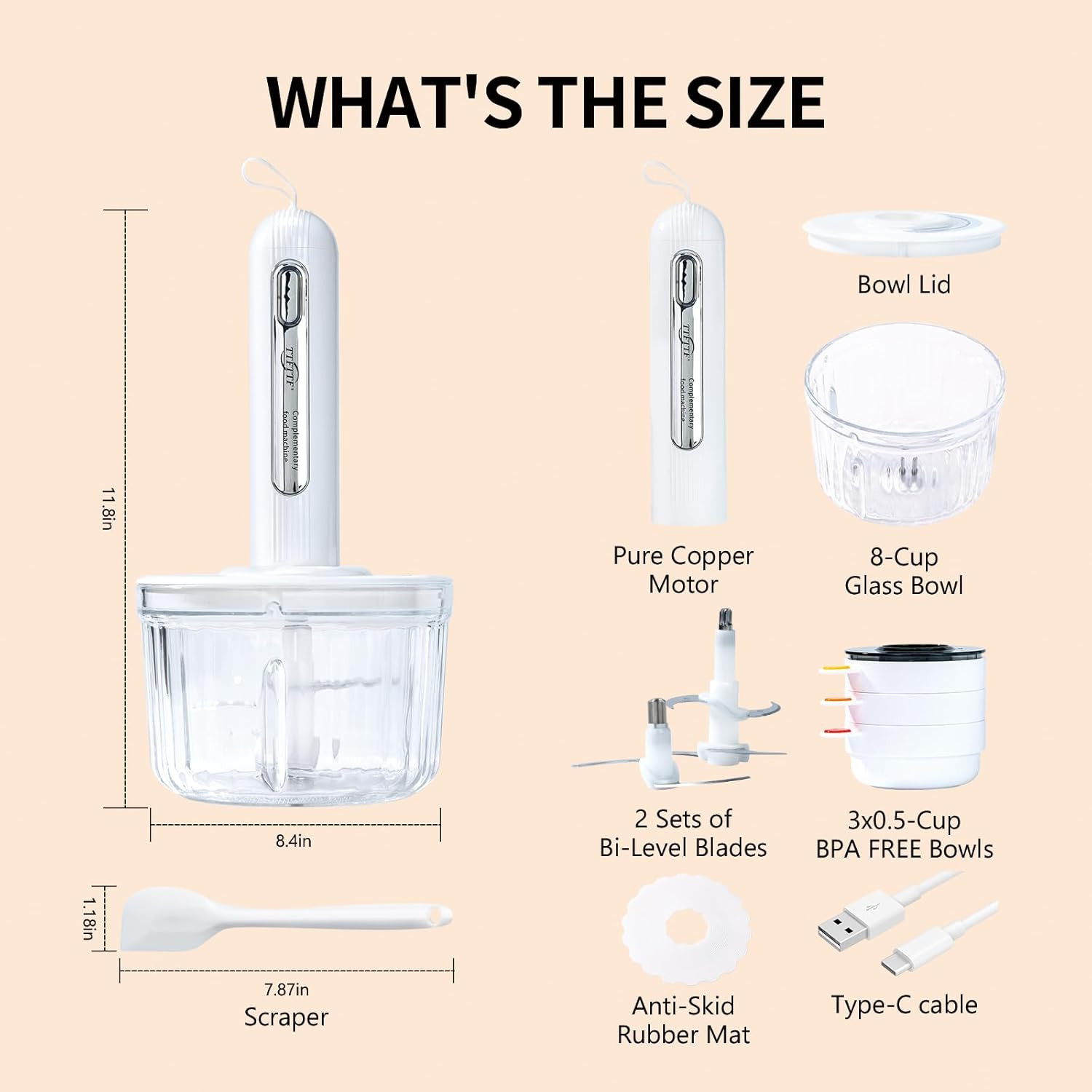 Food Processor Cordless with 6 Blades & 4 Bowls (8 Cup + 3X0.5 Cup), Portable El