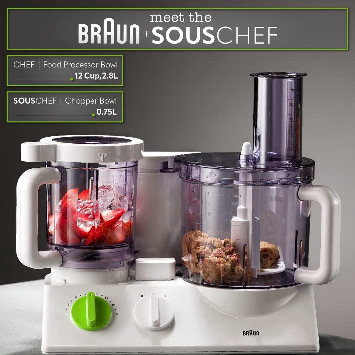 Braun Sous Chef 1000W Food Processor 12-Cup + 0.75L Chopper, 15-Speed White
