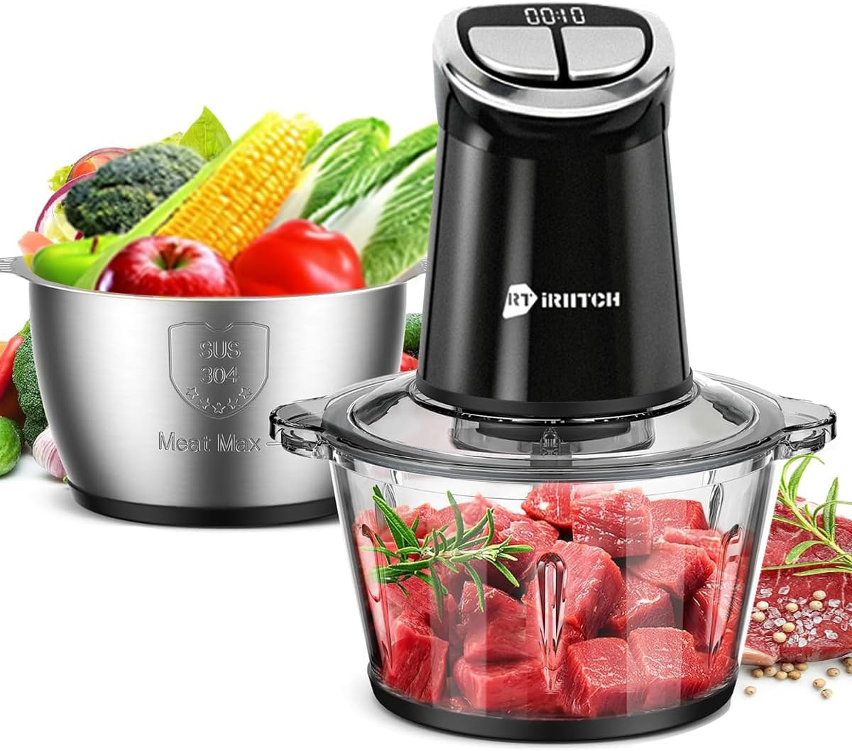 IRIITCH Food Processor with LED Timer, 800W Electric Chopper with 2 Bowls (12-cu