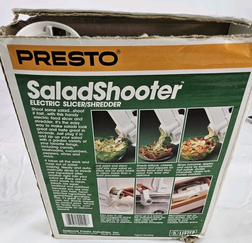 Vtg Presto Salad Shooter Electric Food Slicer Shredder Tested Cleaned Box Manual