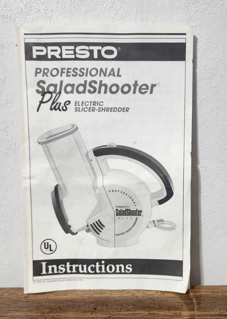 Presto Professional Salad Shooter Plus Instruction Manual ONLY 1994 Replacement