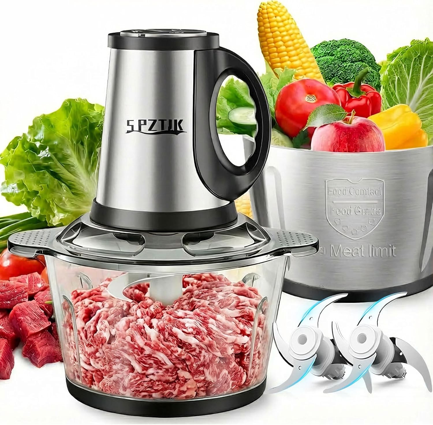 Electric Food Processor 300W, Dual 8-Cup Bowls (Stainless/Glass), 3-Speed