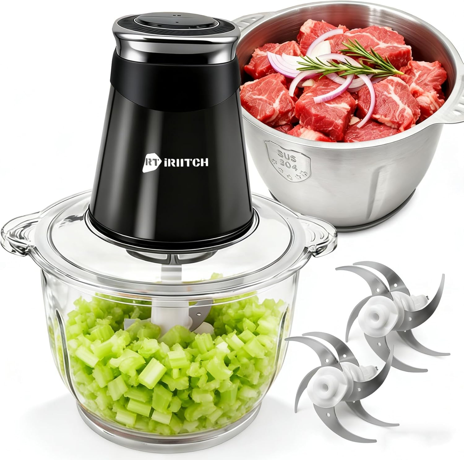 Food Processor, 500W Electric Food Chopper with 2 Bowls (10 Cup+5 Cup) & 2 Bi-Le