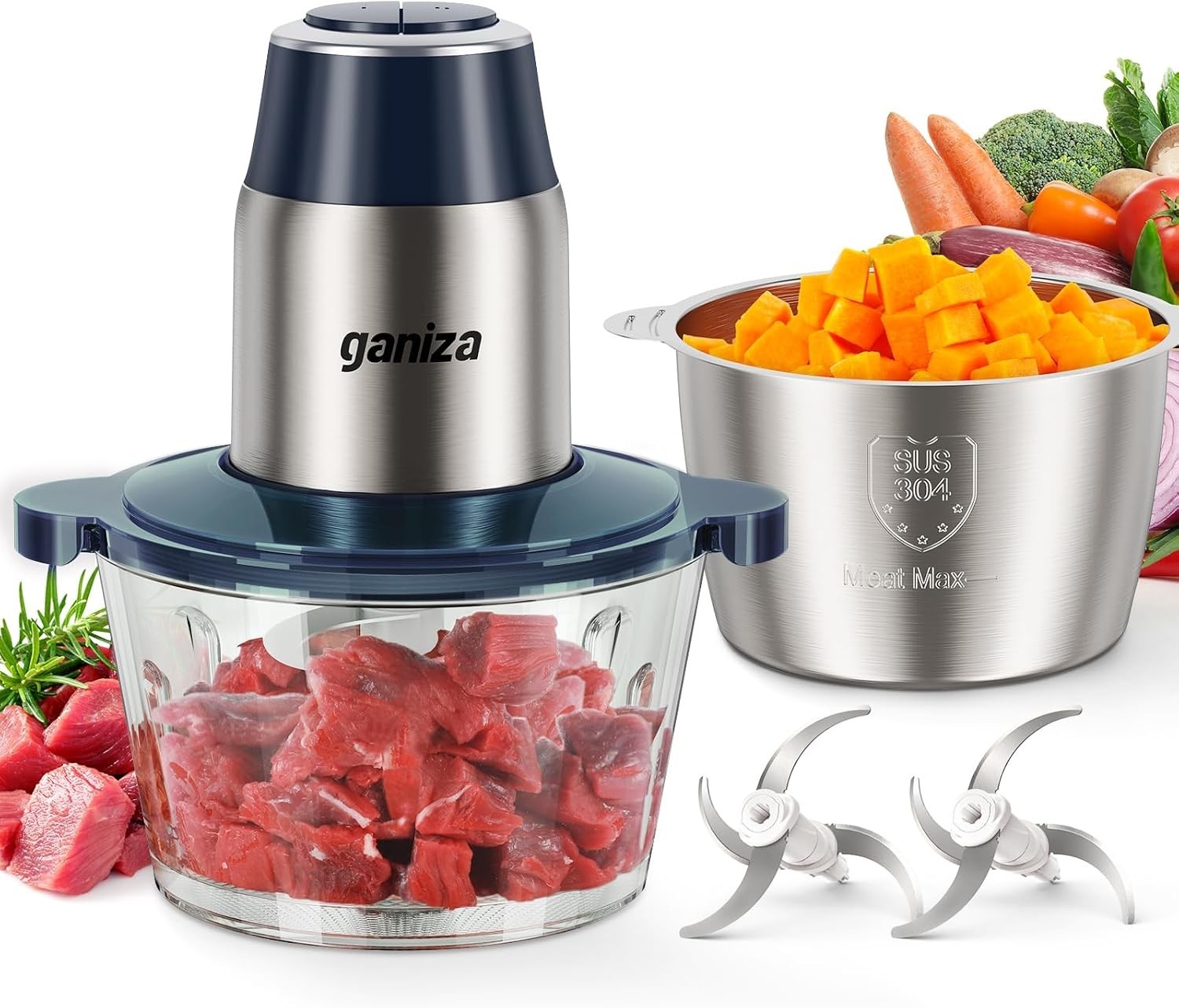 Ganiza Food Processors with 2 Bowls, 450W Meat Grinder Vegetable Electric Food w