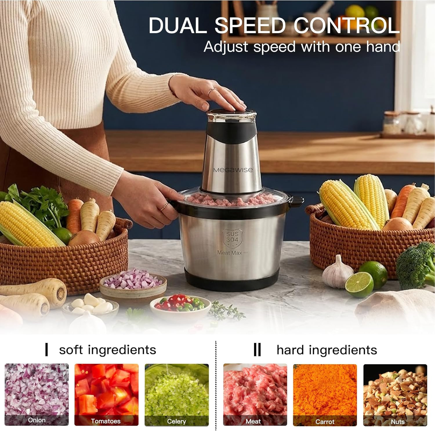 Electric Food Processor, 1000W Meat Grinder & Vegetable Chopper with 6L 304# Sta