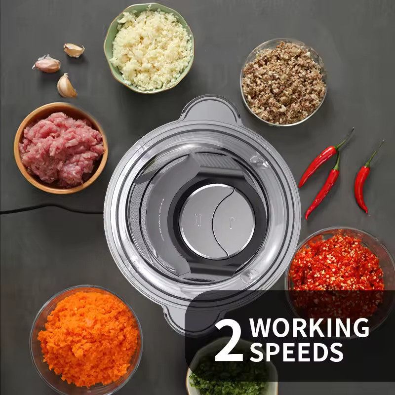 120V US Food Processor 350W Meat Grinder 2L Glass Bowl 3-Speed 2 Bi-Level Blades