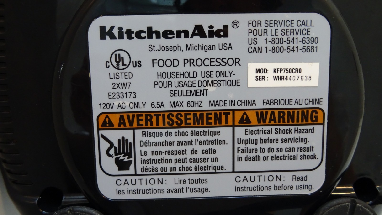 KitchenAid Food Processor Chrome KFP750cro Tested Working Base Motor Only