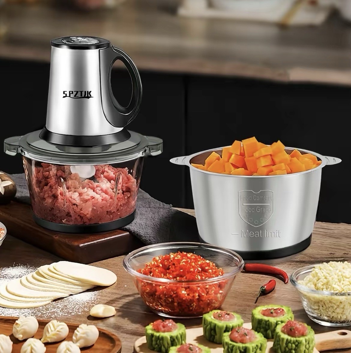 2L Electric Food Chopper Meat Grinder Processor 2 Bowls Stainless Steel BPA Free