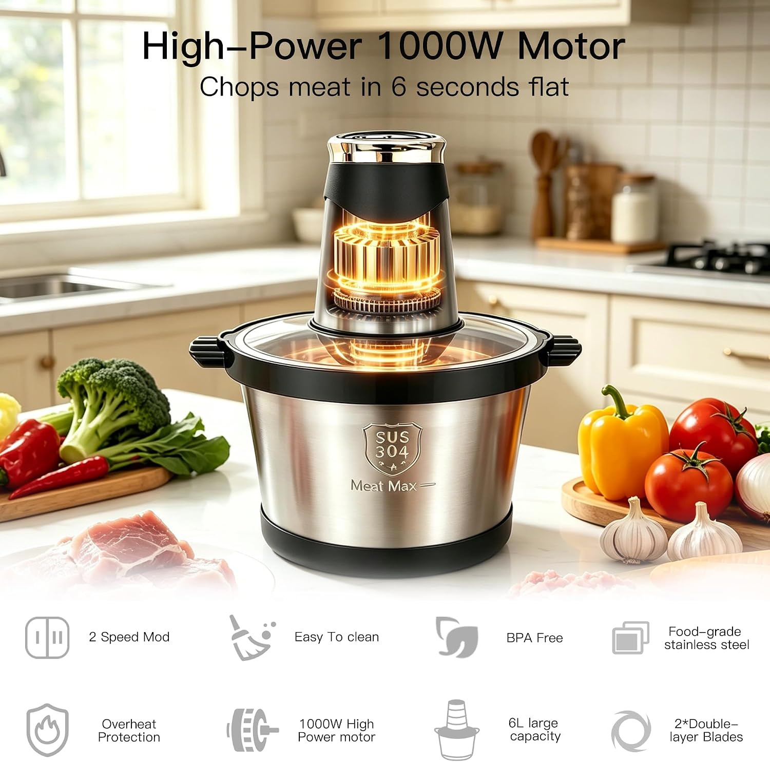Electric Food Processor, 1000W Meat Grinder & Vegetable Chopper with 6L 304# Sta