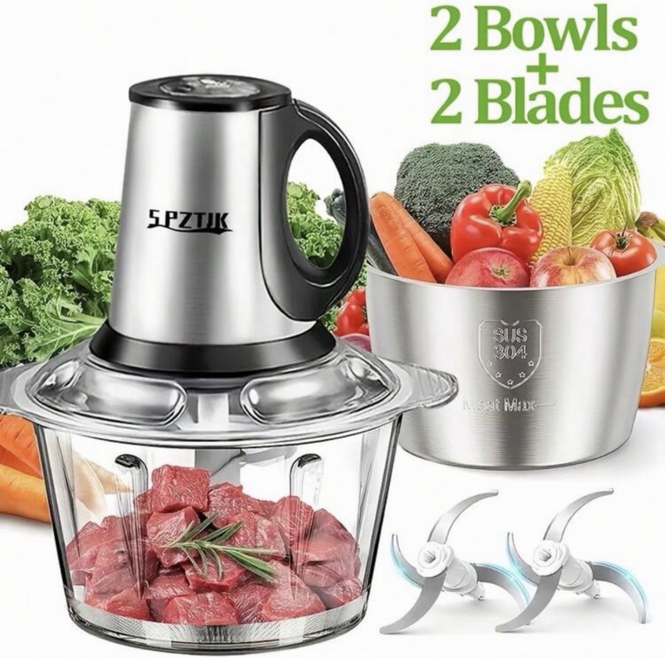 SPZIK Meat Max Mini Food Processor 500W 5-Speed 2 Bowls 6-Blade, SS