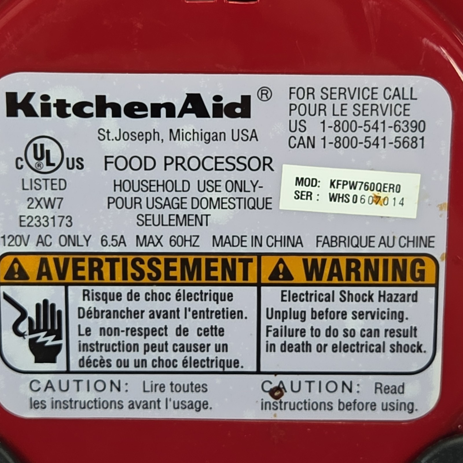 KitchenAid Food Processor KFPW760 Red *Motor Base Only* Tested Works