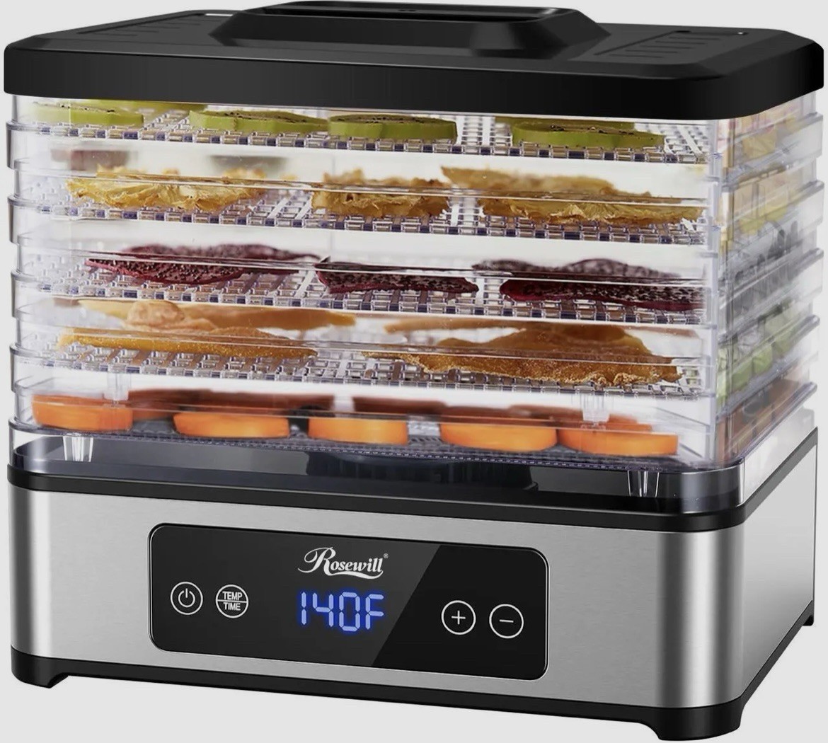 Rosewill Compact Food Dehydrator, 5 Stackable Trays with Adjustable 48H Timer an