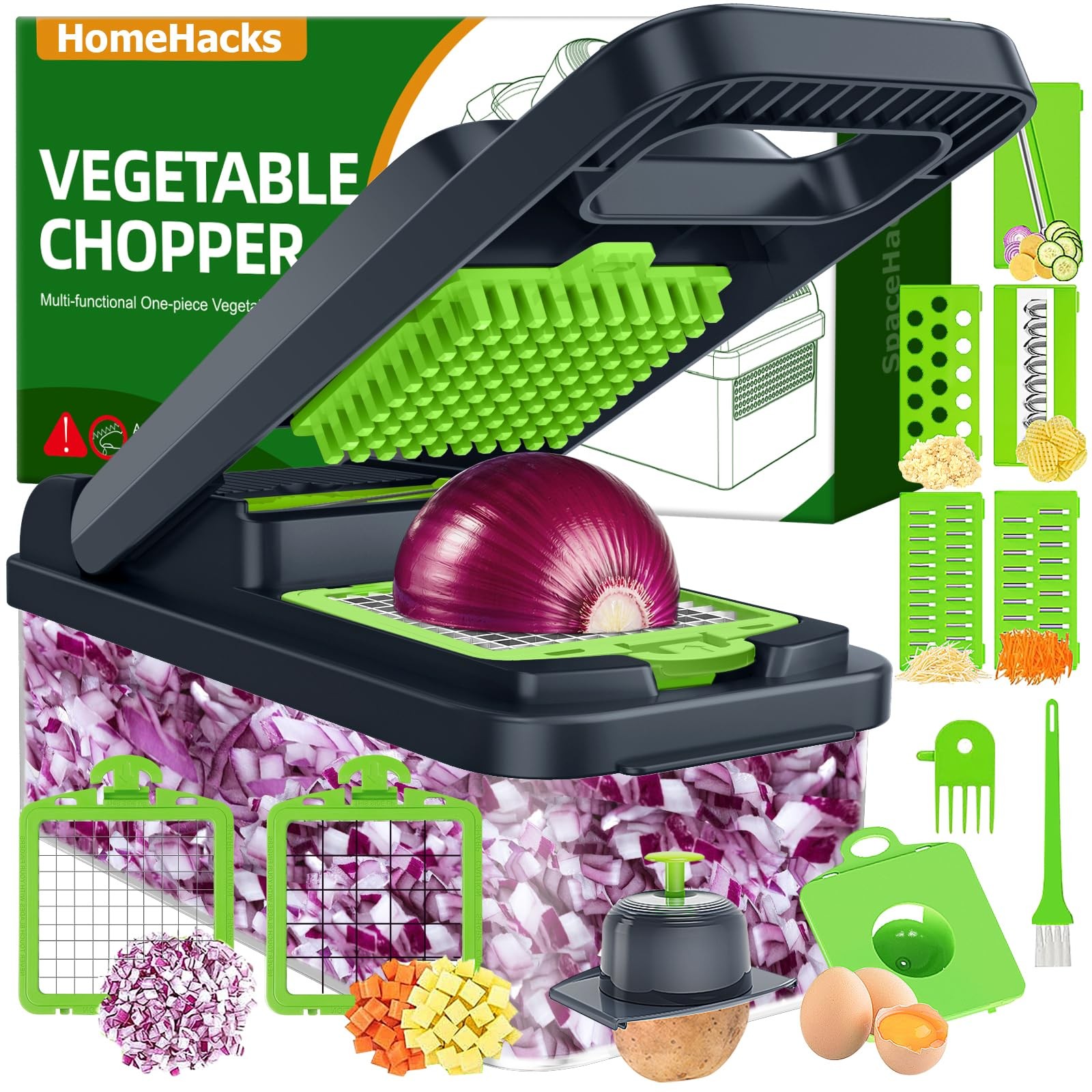 HomeHacks Vegetable Chopper Cutter, 12 in 1 Kitchen 7 blades, Green