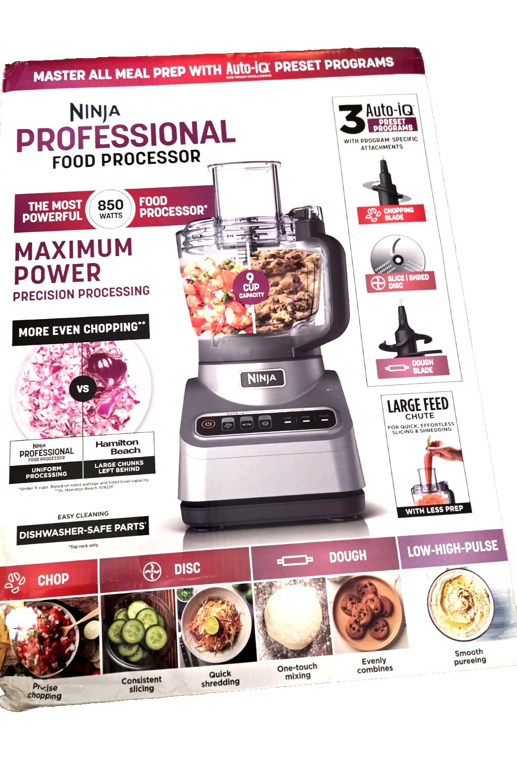 New Ninja Professional Food Processor 3-Auto-IQ 9-Cup Capacity Chop/Disc/Dough