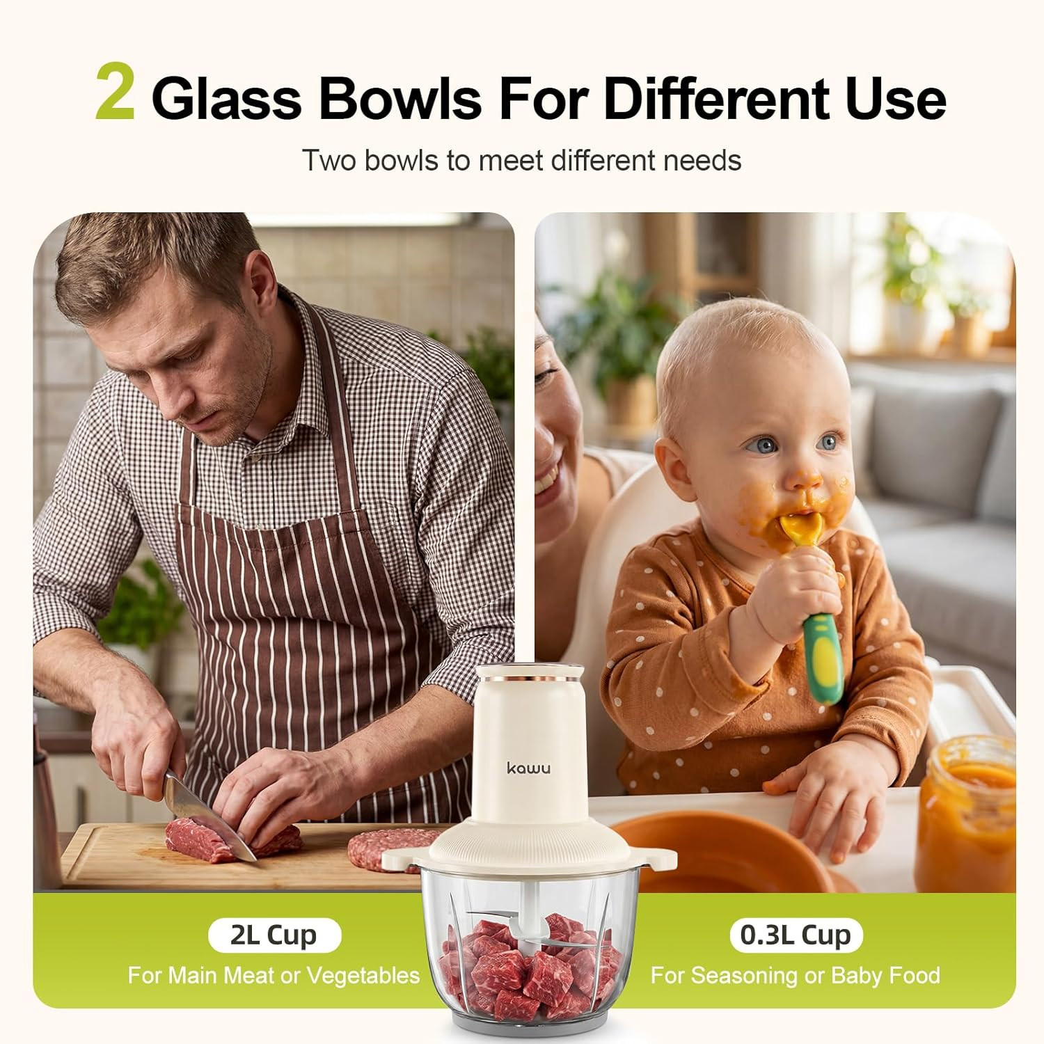 Electric Food Processors, 300W Food Chopper with 2 Bowls (8 Cup+1 Cup), 2 Speeds