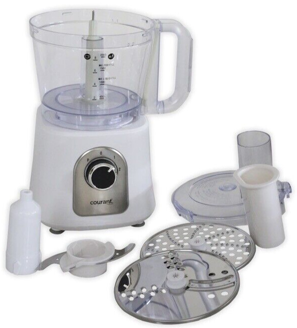 Courant Food Processor Large 12-Cup bowl 800W motor, stainless steel blade-White