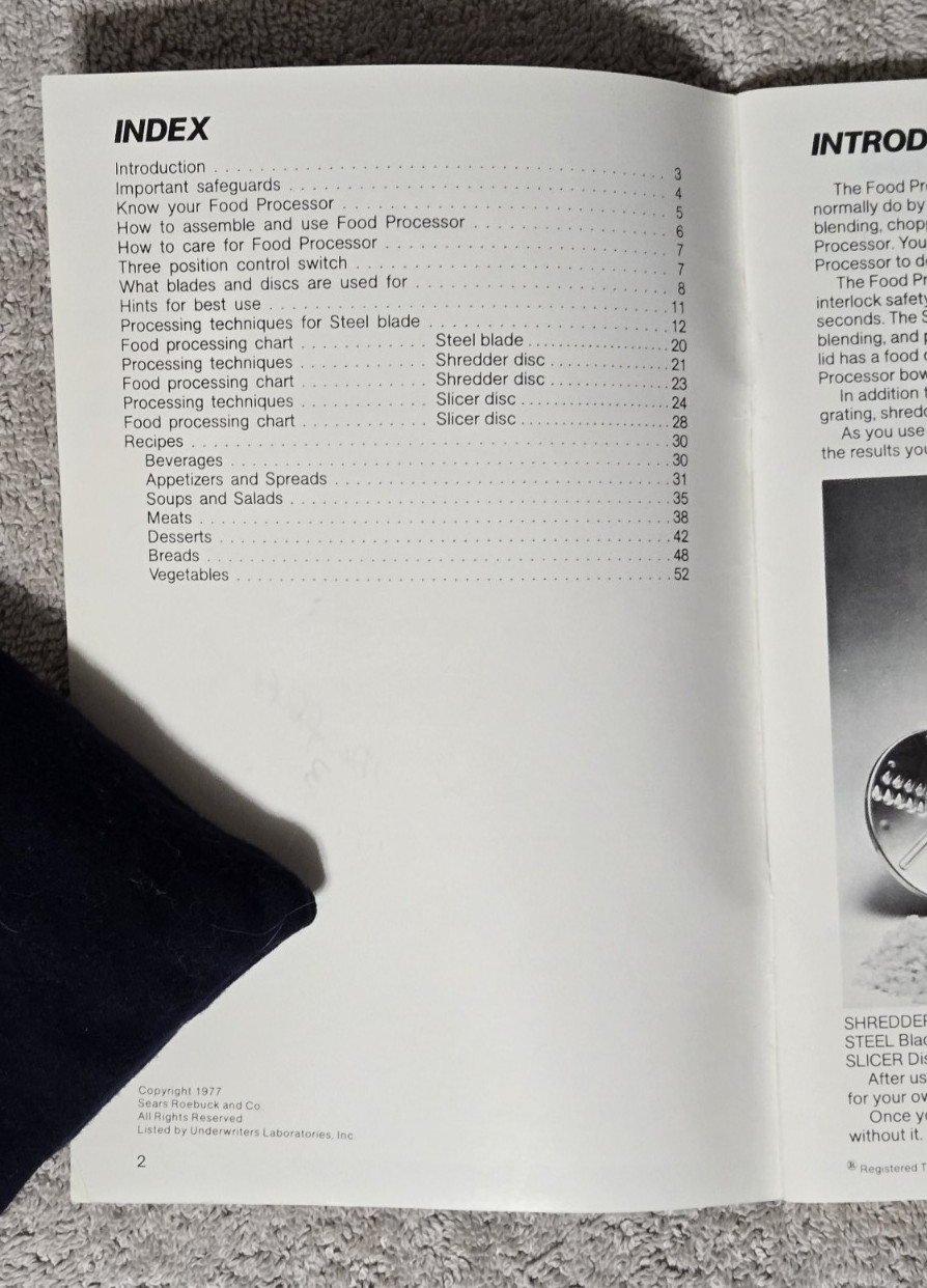 SEARS FOOD PROCESSOR MANUAL – 1977 – P/N: 3220-707-0000 – PLEASE LOOK AT PHOTOS