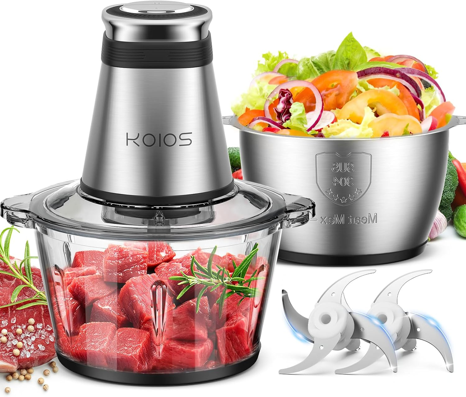 Food Processor, 500W Electric Food Chopper with 2 Bowls (8 Cup+8 Cup) & 2 Bi-Lev