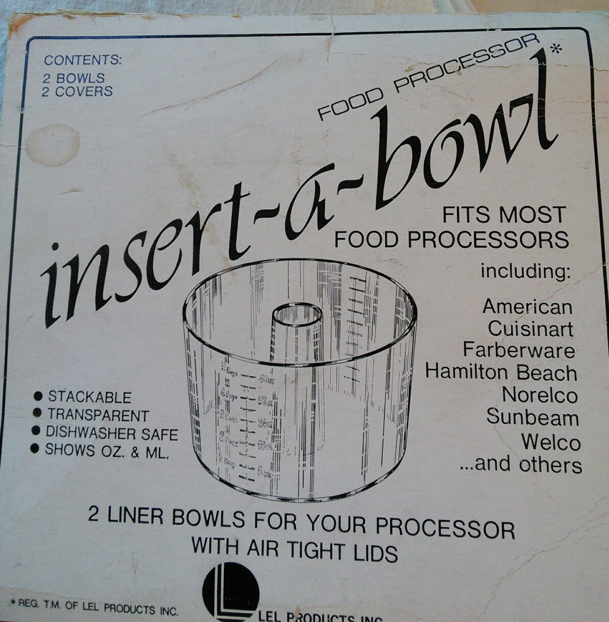2 Insert-A-Bowl Universal Food Processor 5-Cup Bowls & Lids 1980 Vtg Stacking