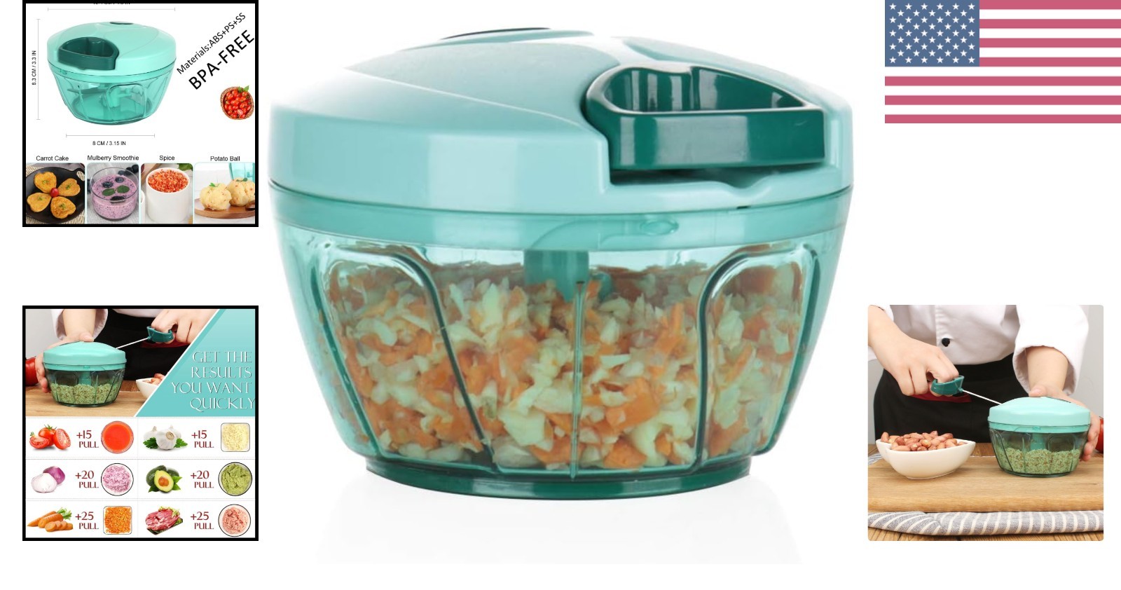 Compact Blue Vegetable Chopper – Adjustable Speed Manual Food Processor, 500ml