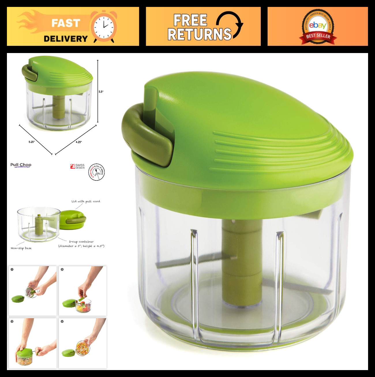 Manual Food Processor – 2-Cup Pull Chop Chopper with Cord Mechanism, Green
