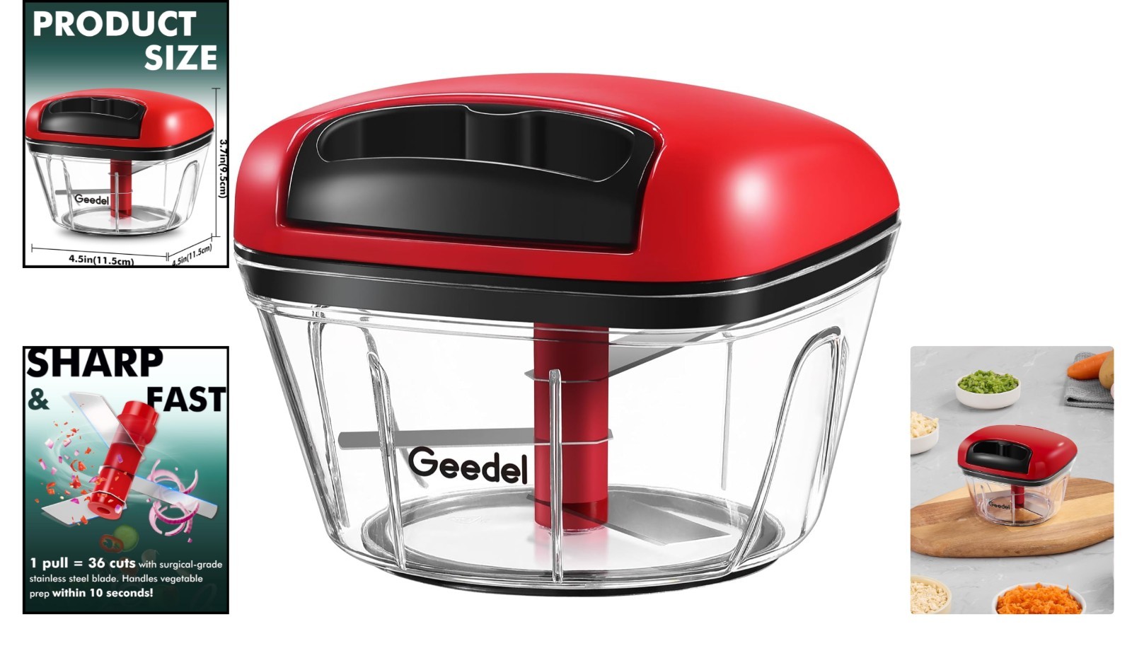 Red Manual Food Chopper, 2 Cup Vegetable & Fruit Cutter, Portable