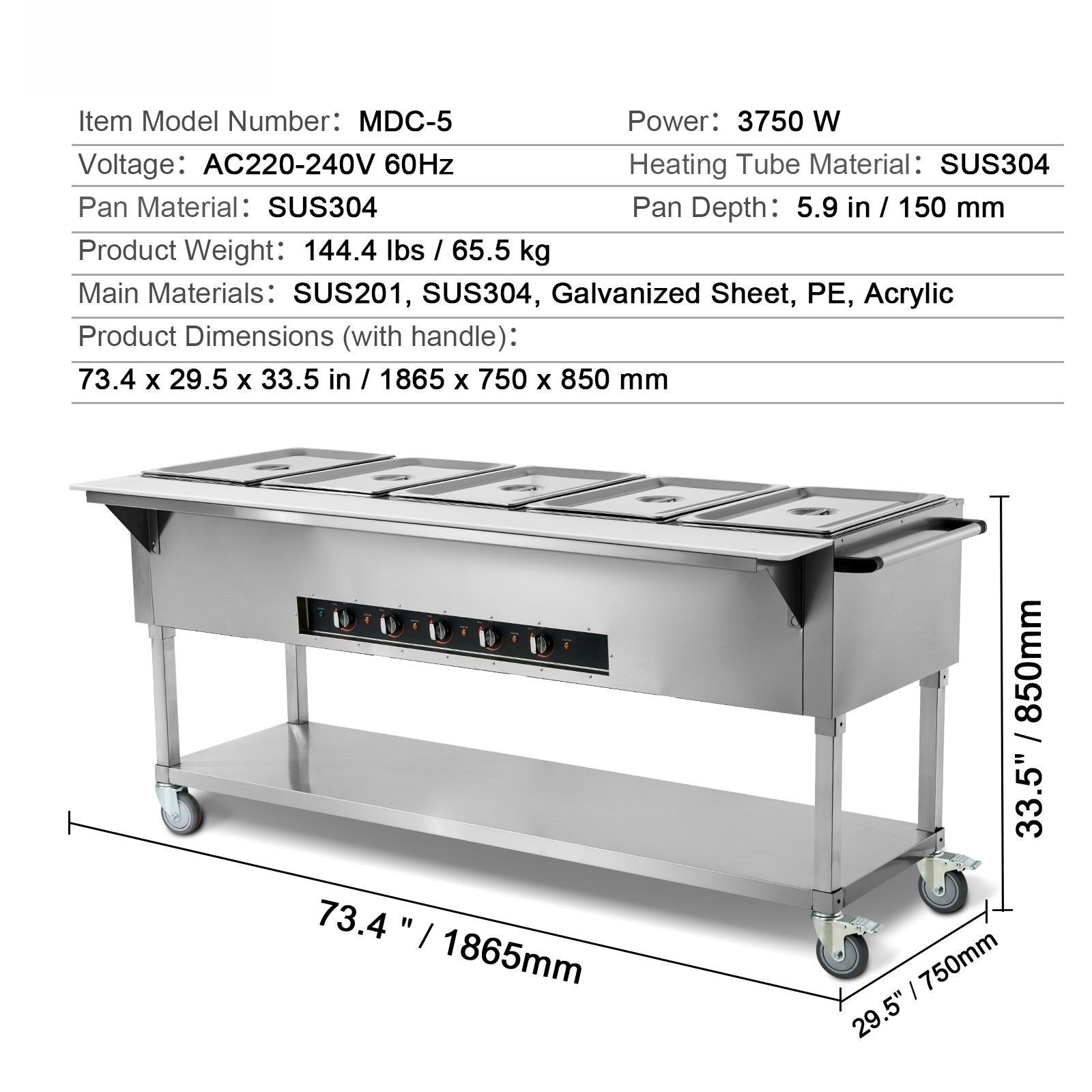Commercial 5-Pan 20.6QT Food Warmer 3750W
