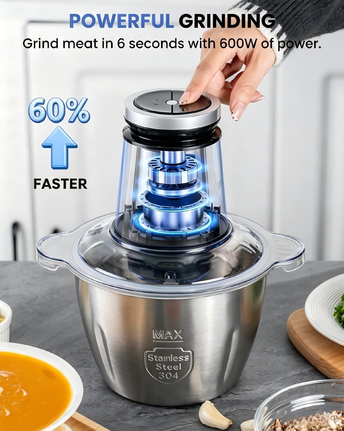 Powerful 600W Food Processor with 10 Cup Stainless Steel Bowl & 2-Speed Control