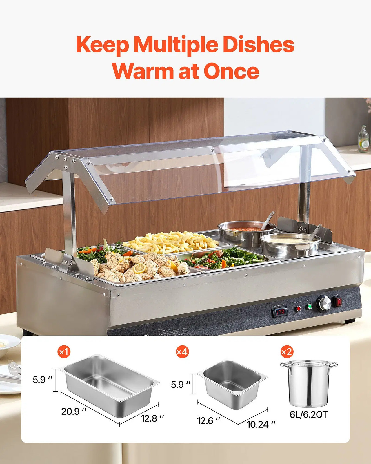 Electric Soup Warmer, Two 6.34QT Pots & Four 1/2 Pans, Stainless Steel Commerci