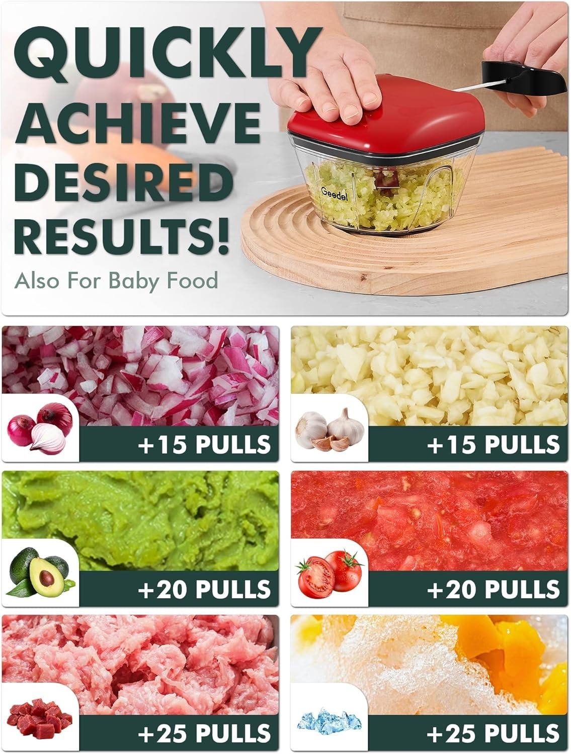 Red Manual Food Chopper, 2 Cup Vegetable & Fruit Cutter, Portable