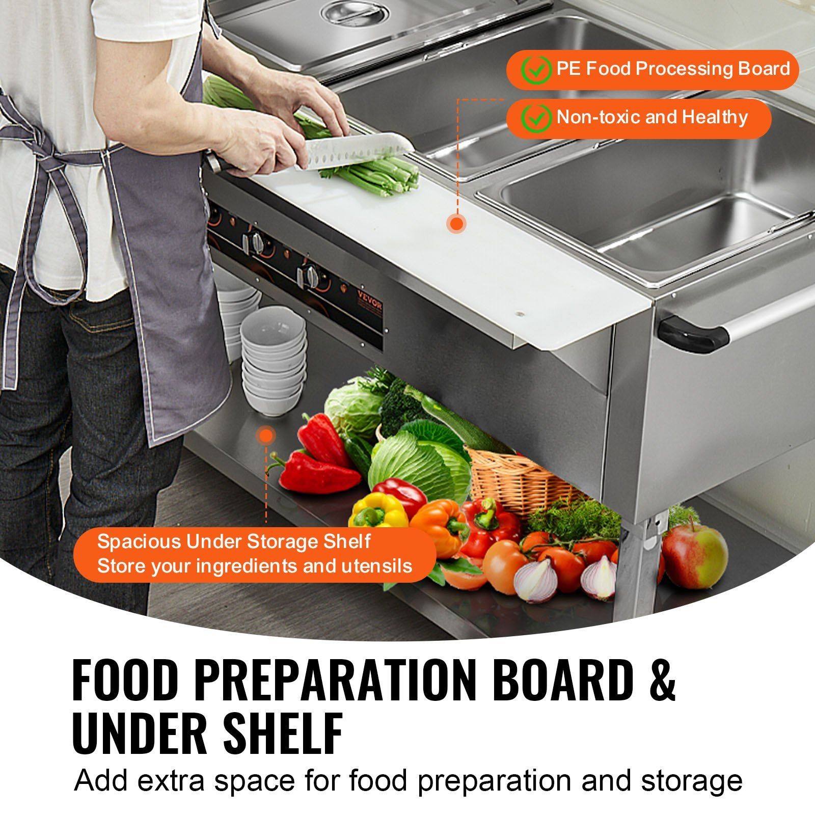 5-Pan Food Warmer: 3750W, 5×20.6QT Stainless, 4 Wheels (2 Lock)