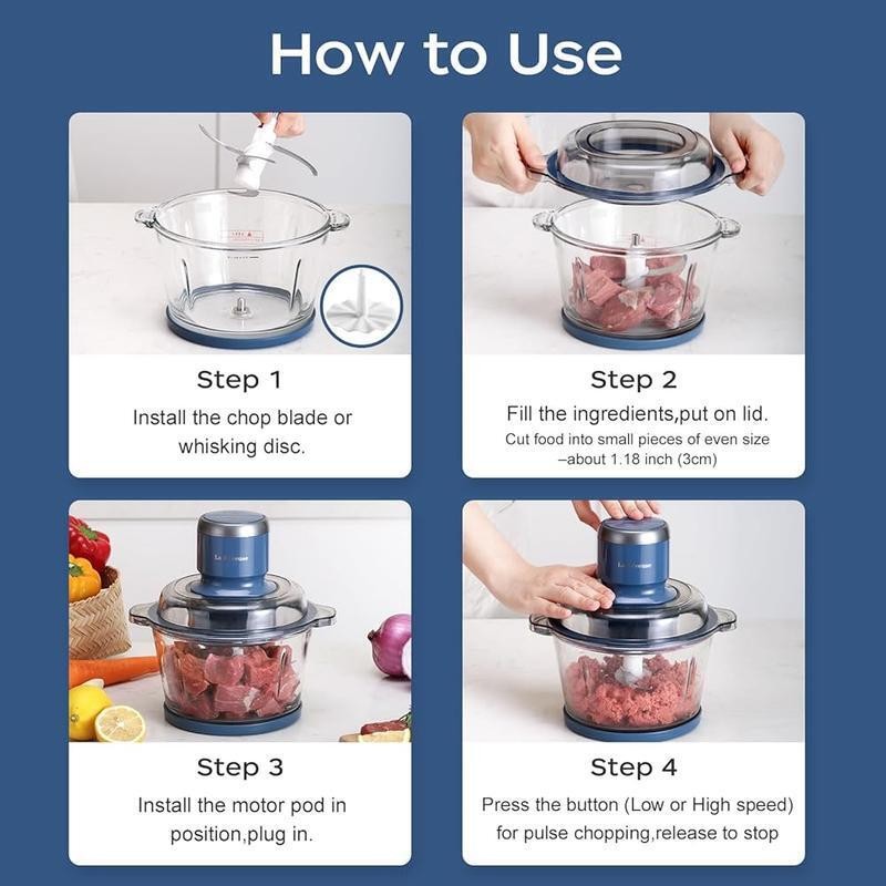 Electric Food Processor 7 Cup Glass Bowl Chopper Grinder Mincer Whisk 300W New