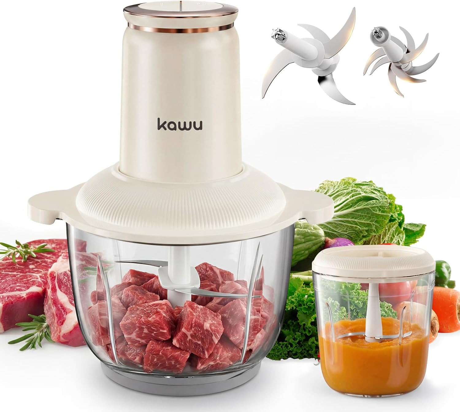 Electric Food Processors, 300W Food Chopper with 2 Bowls (8 Cup+1 Cup), 2 Speeds