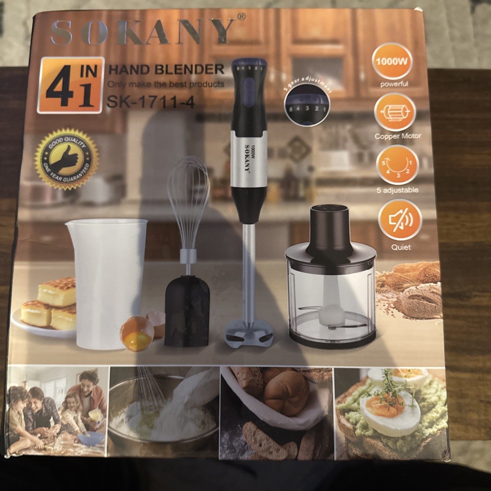 SOKANY 4-IN-1 Dishwasher Safe Hand Blender 110V, 50/60HZ, 1000w Motorboat Whisk