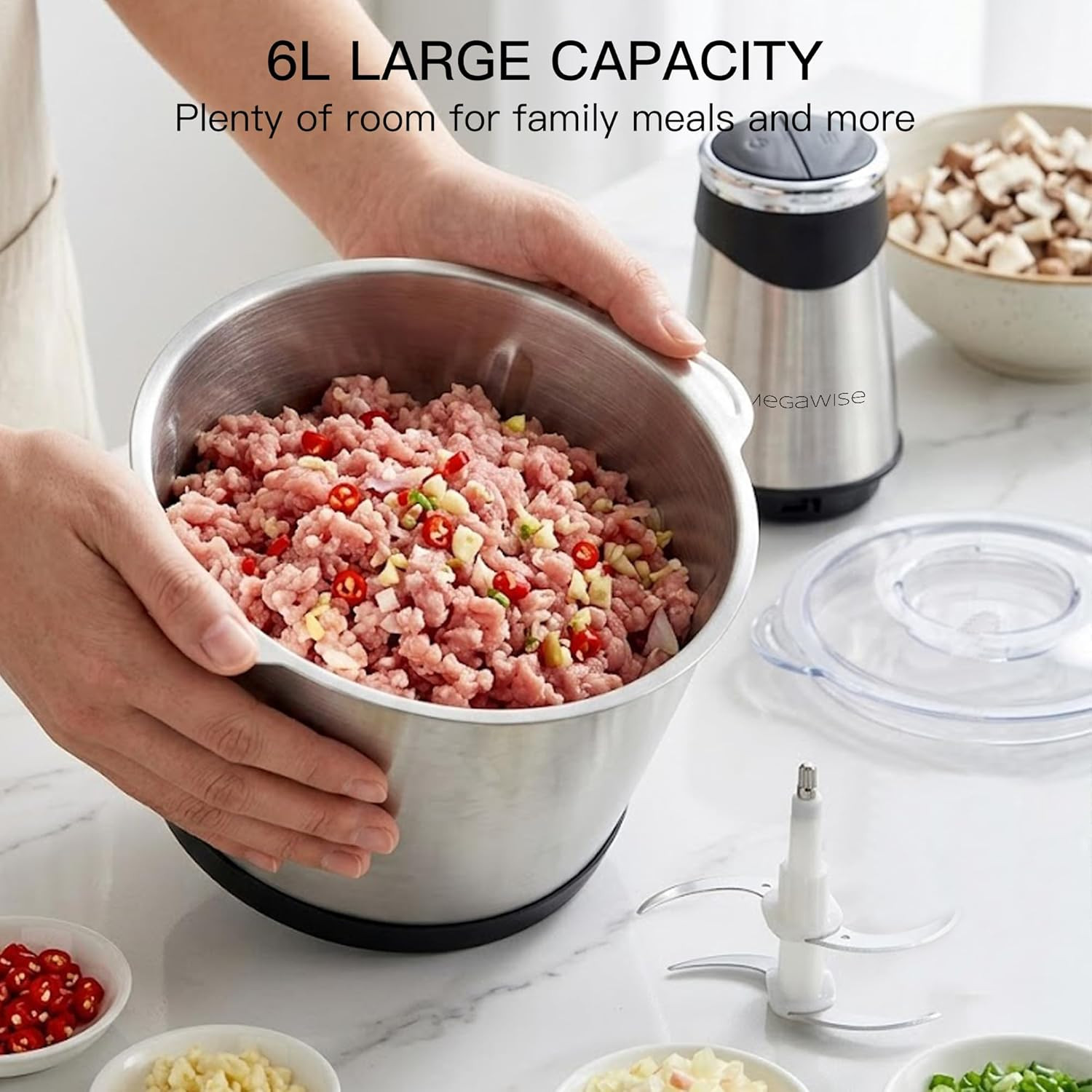 Electric Food Processor, 1000W Meat Grinder & Vegetable Chopper with 6L 304# Sta
