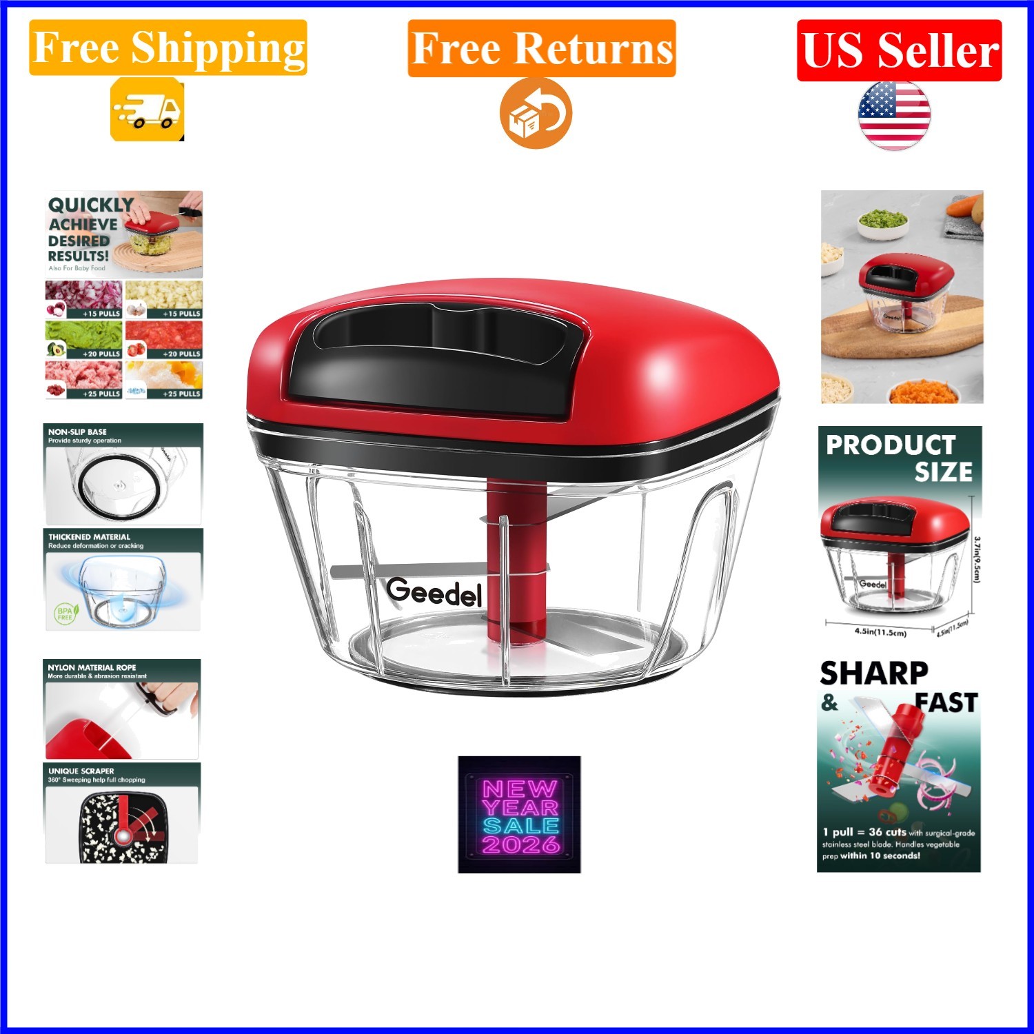 Red Manual Food Chopper, 2 Cup Vegetable & Fruit Cutter, Portable