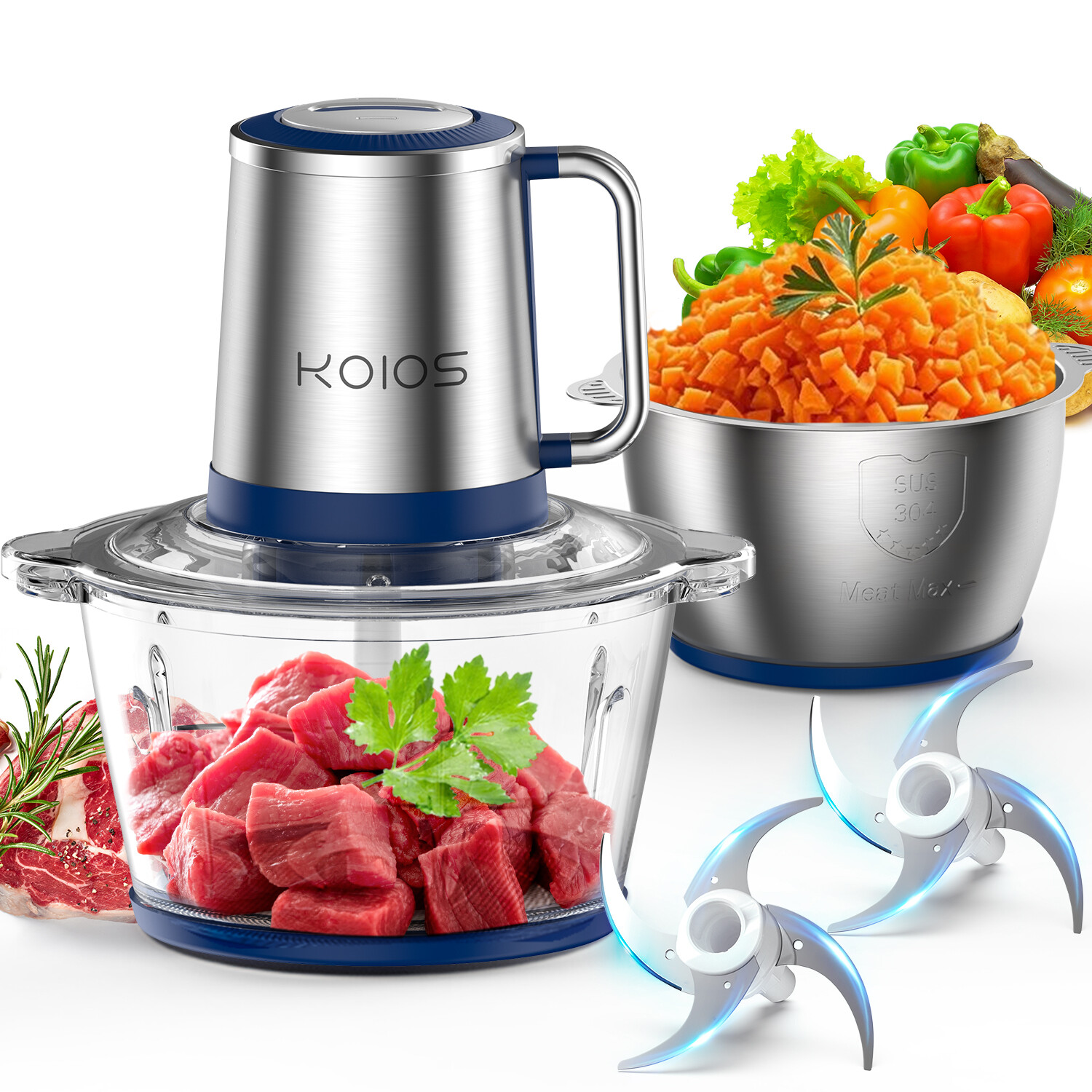 KOIOS Electric Food Chopper Processor Mixer 8Cup x2 500W Meat Veggie Grinder NEW