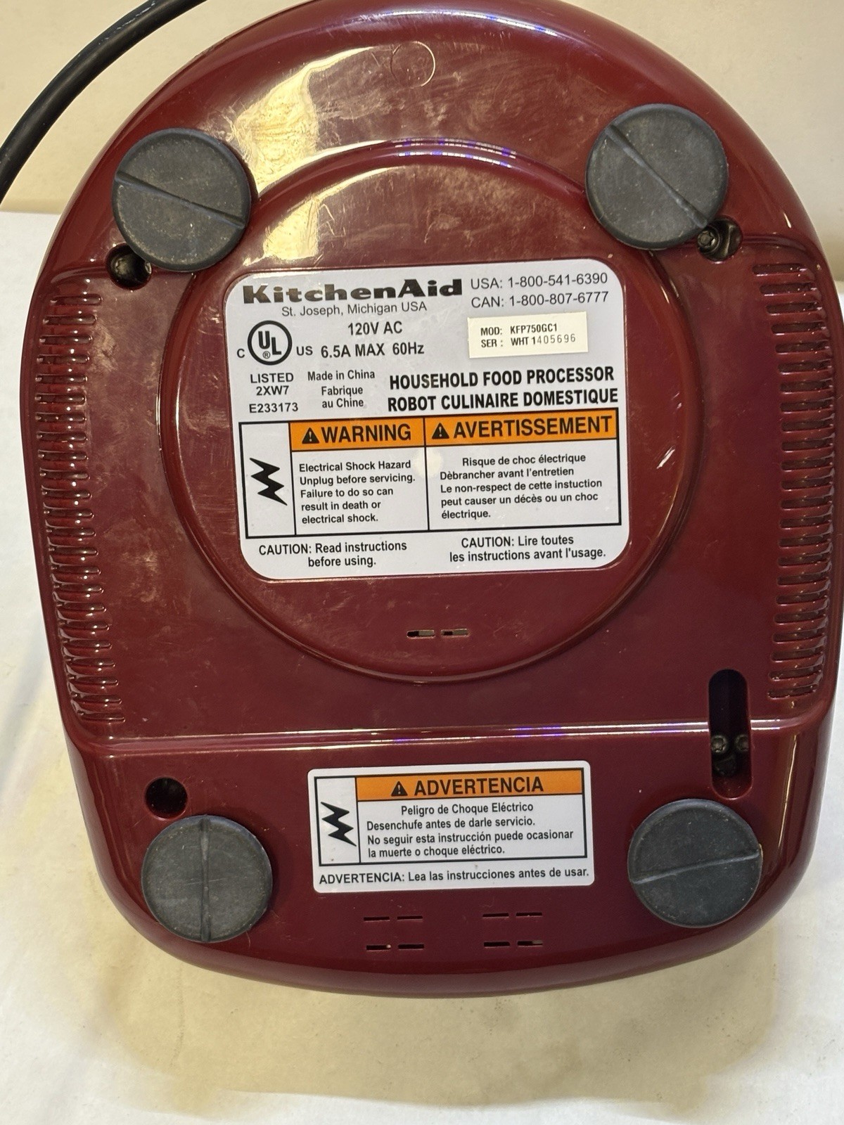 Kitchenaid kfp750GC1 Food Processor Replacement Maroon Base Power Unit