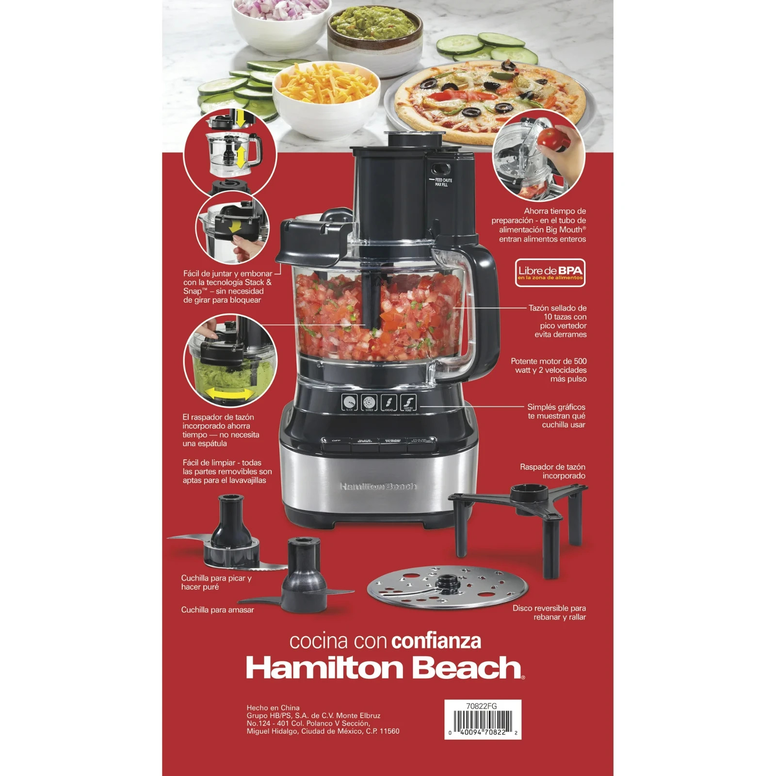Hamilton Beach Stack & Snap Food Processor with Bowl Scraper, 10 Cup Capacity, B