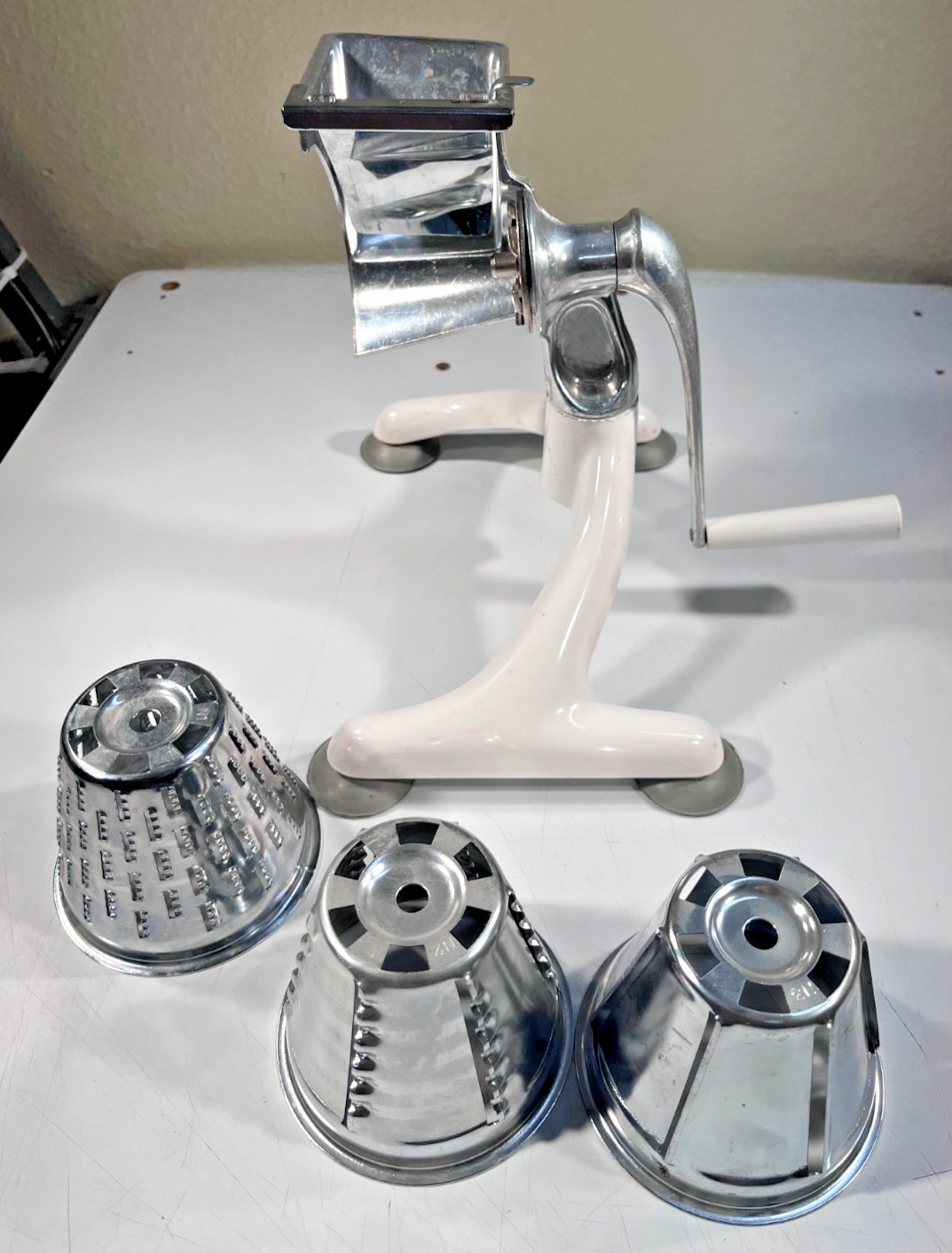 Vintage Magic Hostess Manual Crank Food Processor / Grater w/ 3 Cones