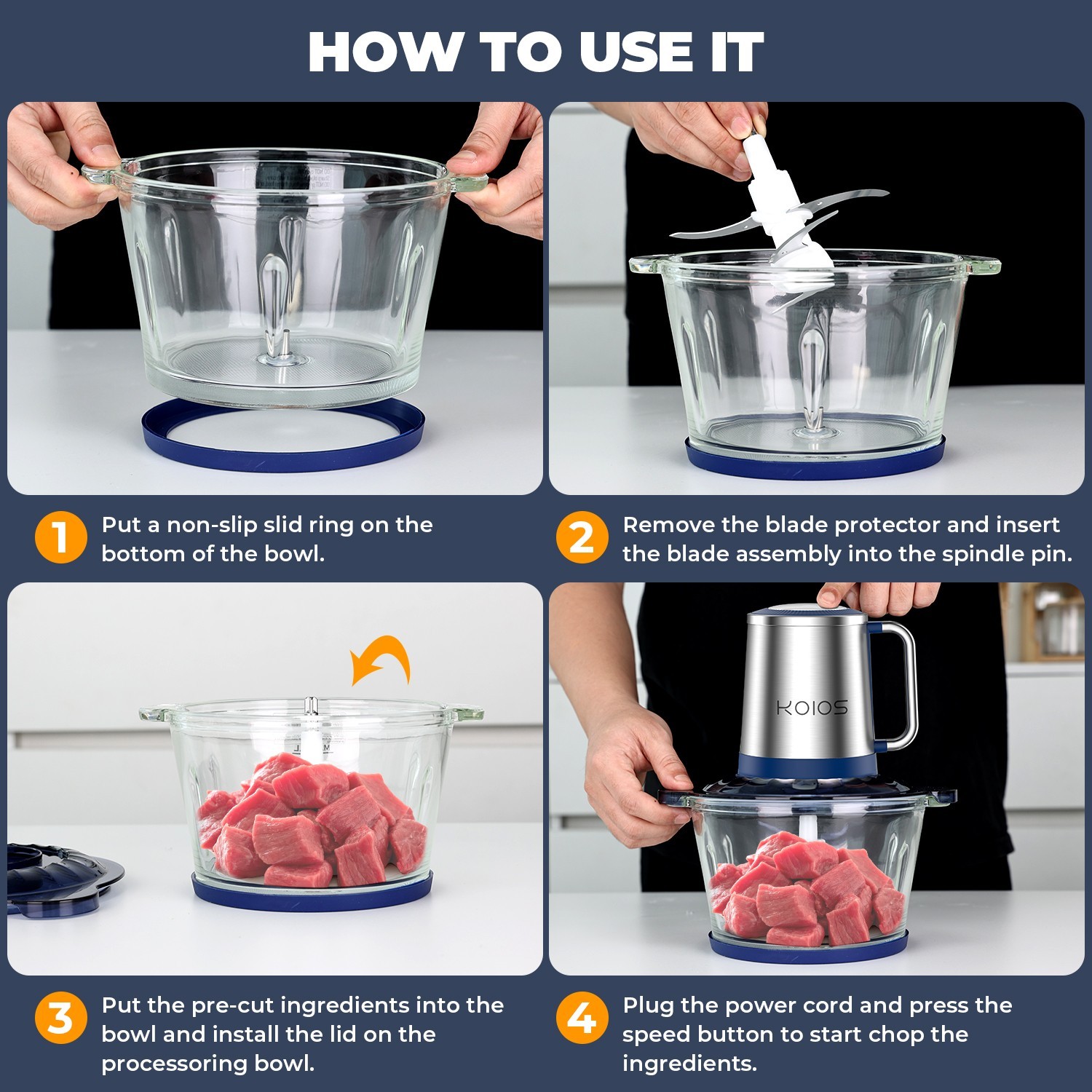2Pcs KOIOS Electric Food Processors Meat Grinder Veg Chopper Home Use Kitchen US