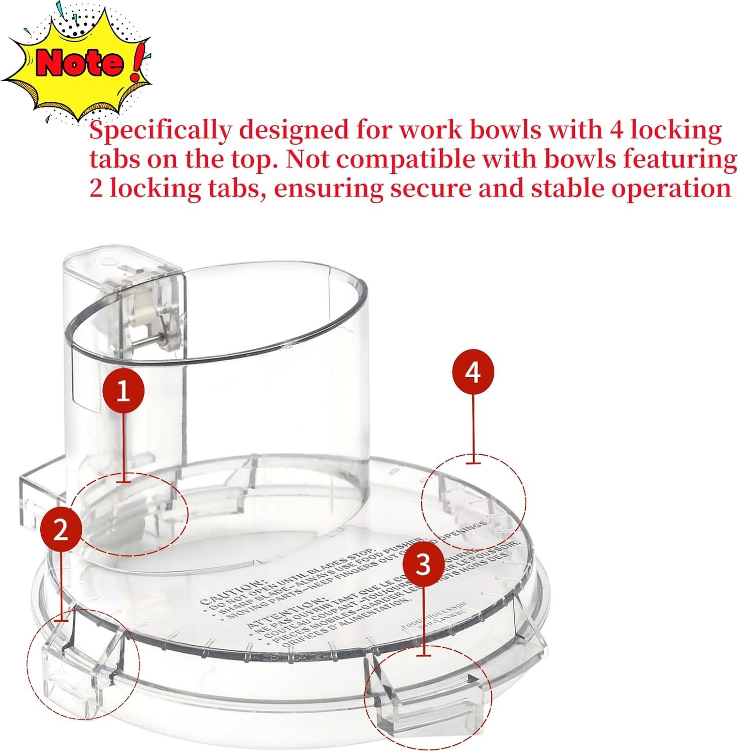 Food Processor Work Bowl Cover DFP 14 Replacement Fits DLC 005AGTXT1 4 Tabs