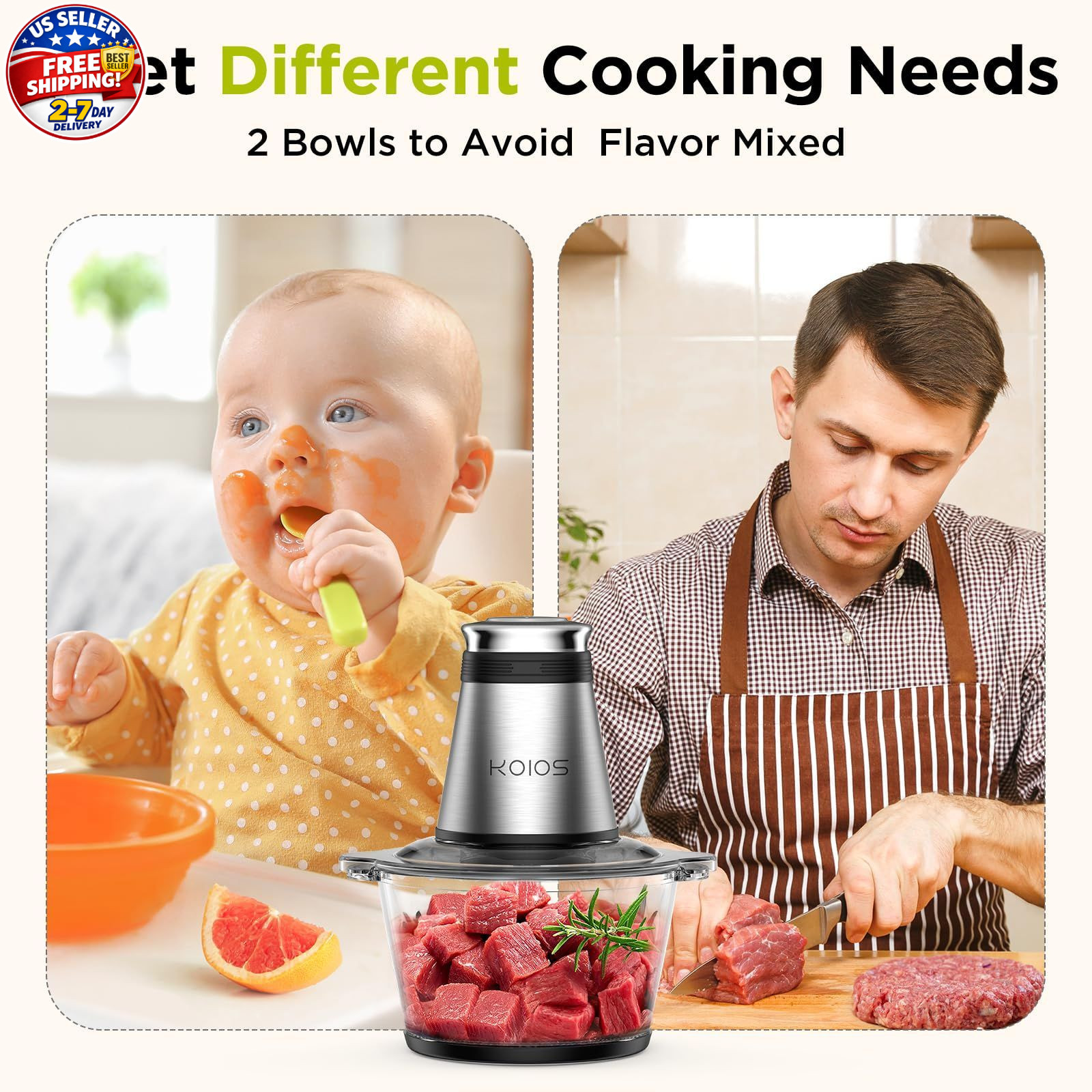 Food Processor, 500W Electric Food Chopper with 2 Bowls (8 Cup+8 Cup) & 2 Bi-…