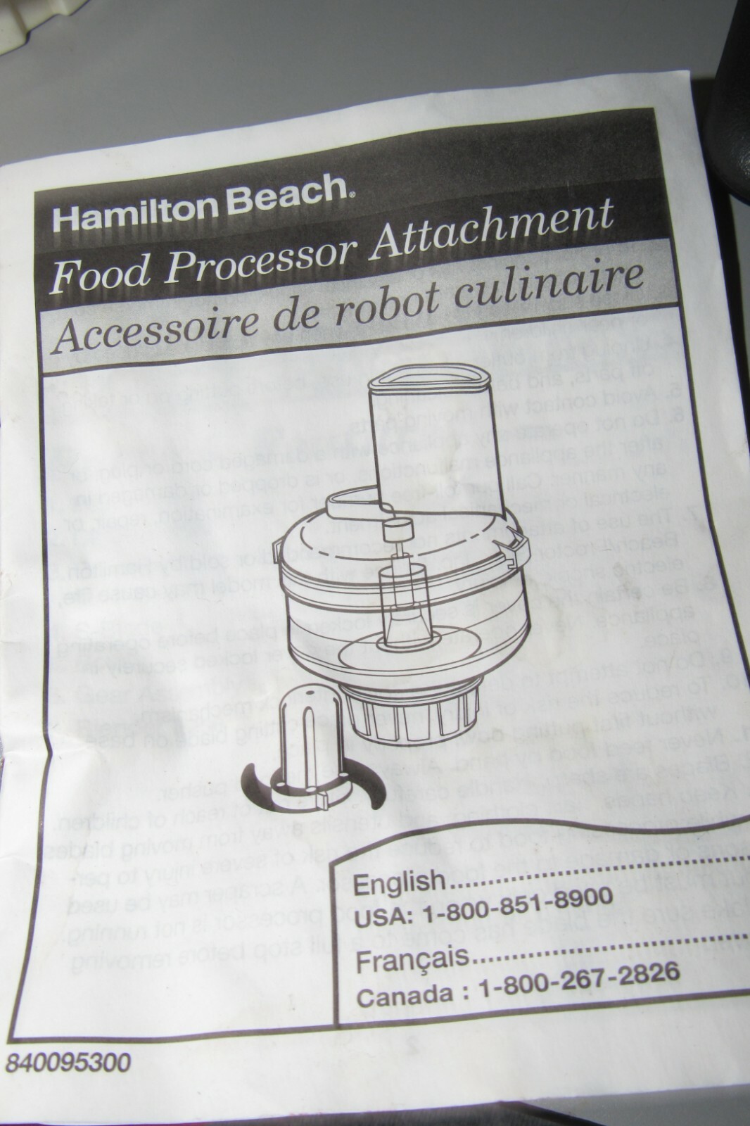 Hamilton Beach Blender Chef Food Processor Attachment+ Pusher, Instructions-Box