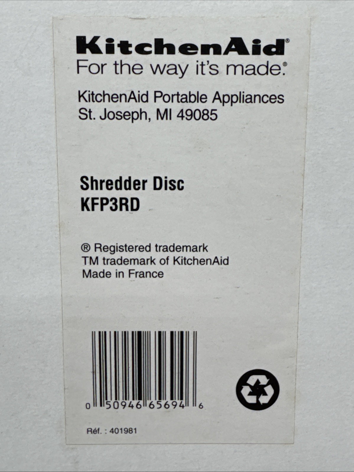 Kitchen Aid 7 Cup Food Processor Shredder Disc Blade KPF3RD New In Box France