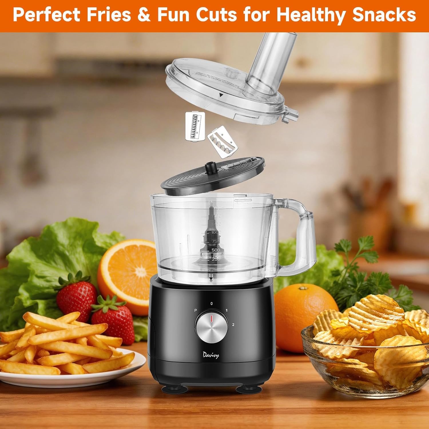 7-Cup Food Processor with Built-In Storage Drawer | 600W Motor, 10-Blade Set for
