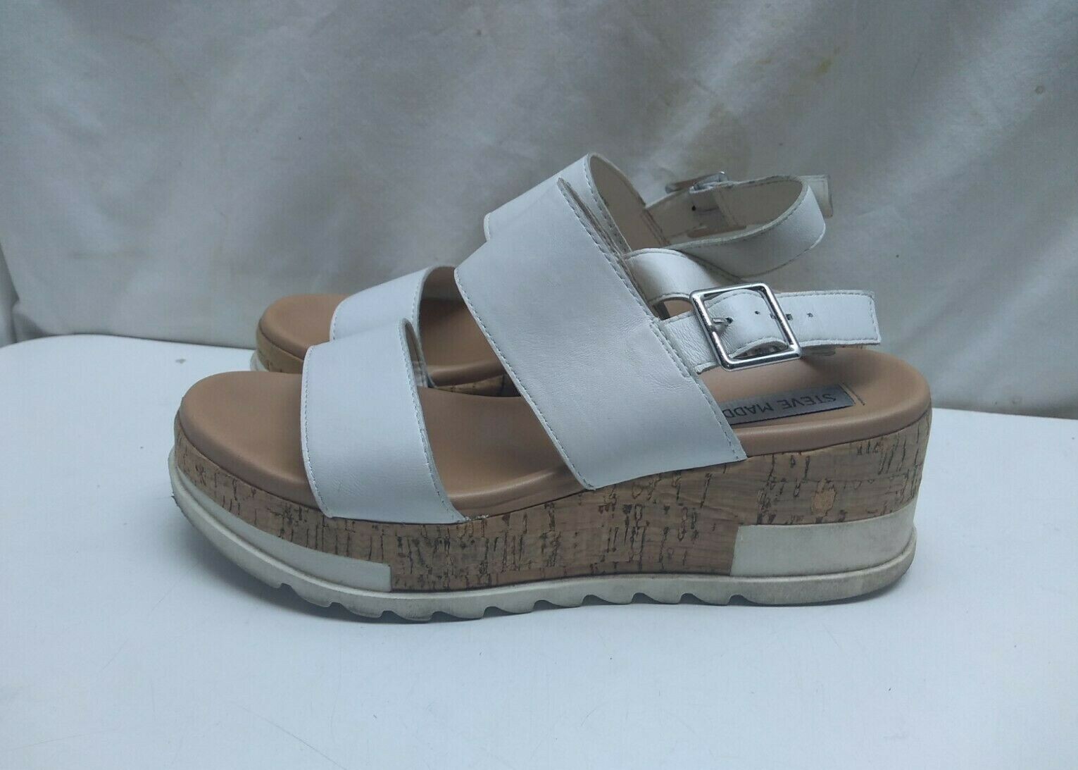 Steve Madden Women 7M White Leather 2-Strap Slingback Platform Sandal Shoes