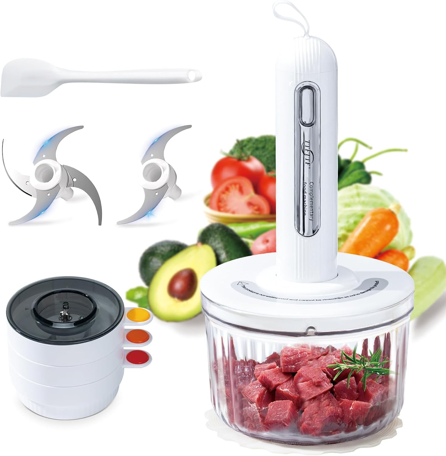 Food Processor Cordless with 6 Blades & 4 Bowls (8 Cup + 3X0.5 Cup), Portable El