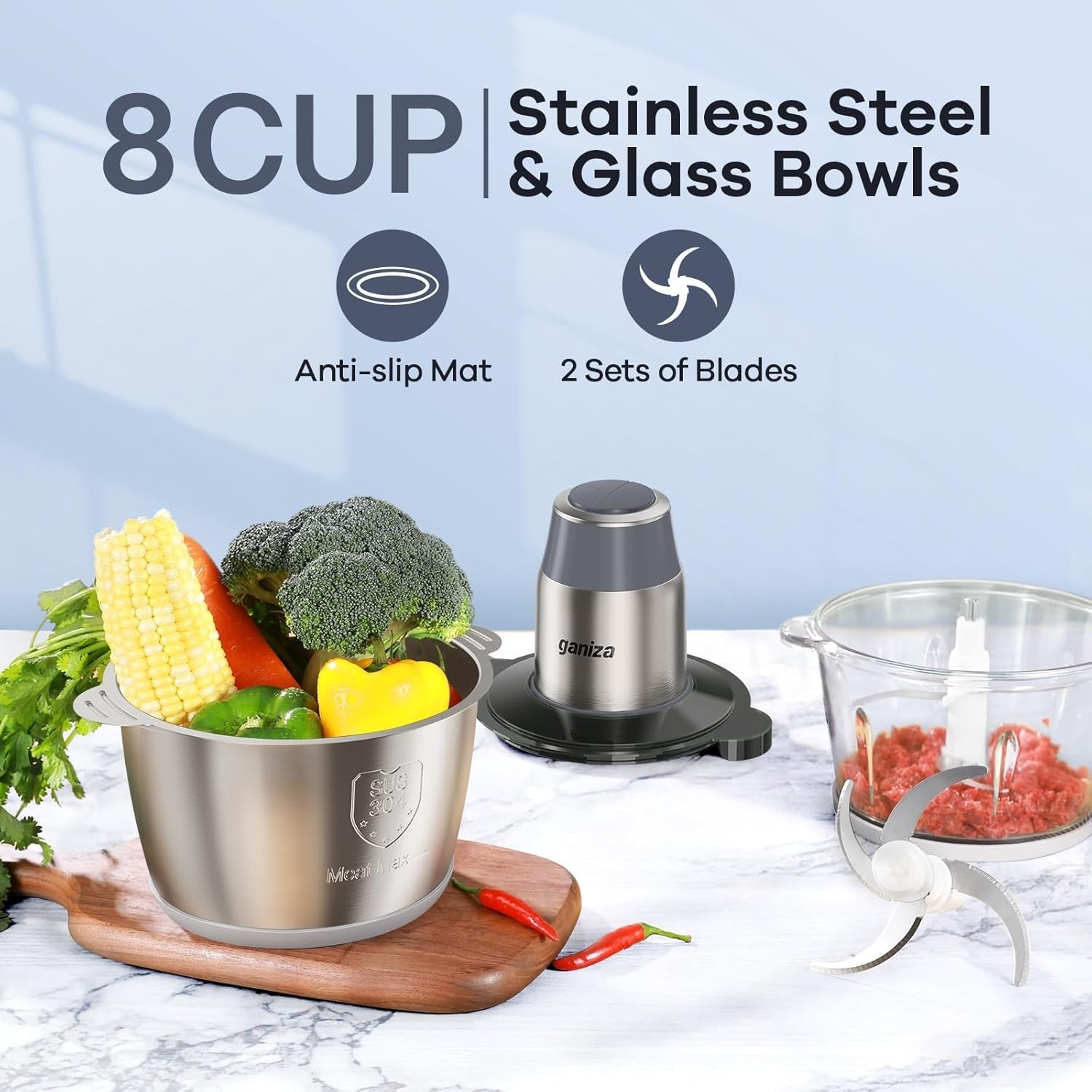 Food Processor Meat Grinder Vegetable Chopper 2 Bowls 450W 2-Speed