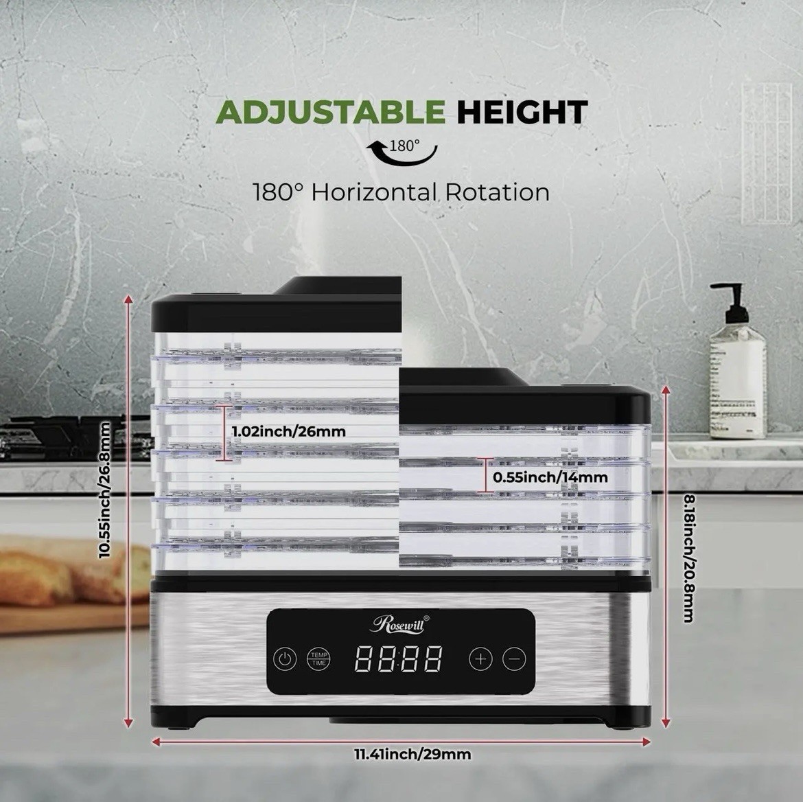 Rosewill Compact Food Dehydrator, 5 Stackable Trays with Adjustable 48H Timer an
